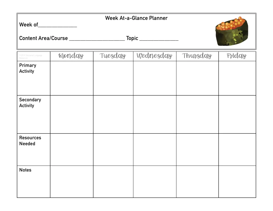 Weekly planning sheet with salmon roe sushi art: record the week, course, topic and two activities for Monday to Friday