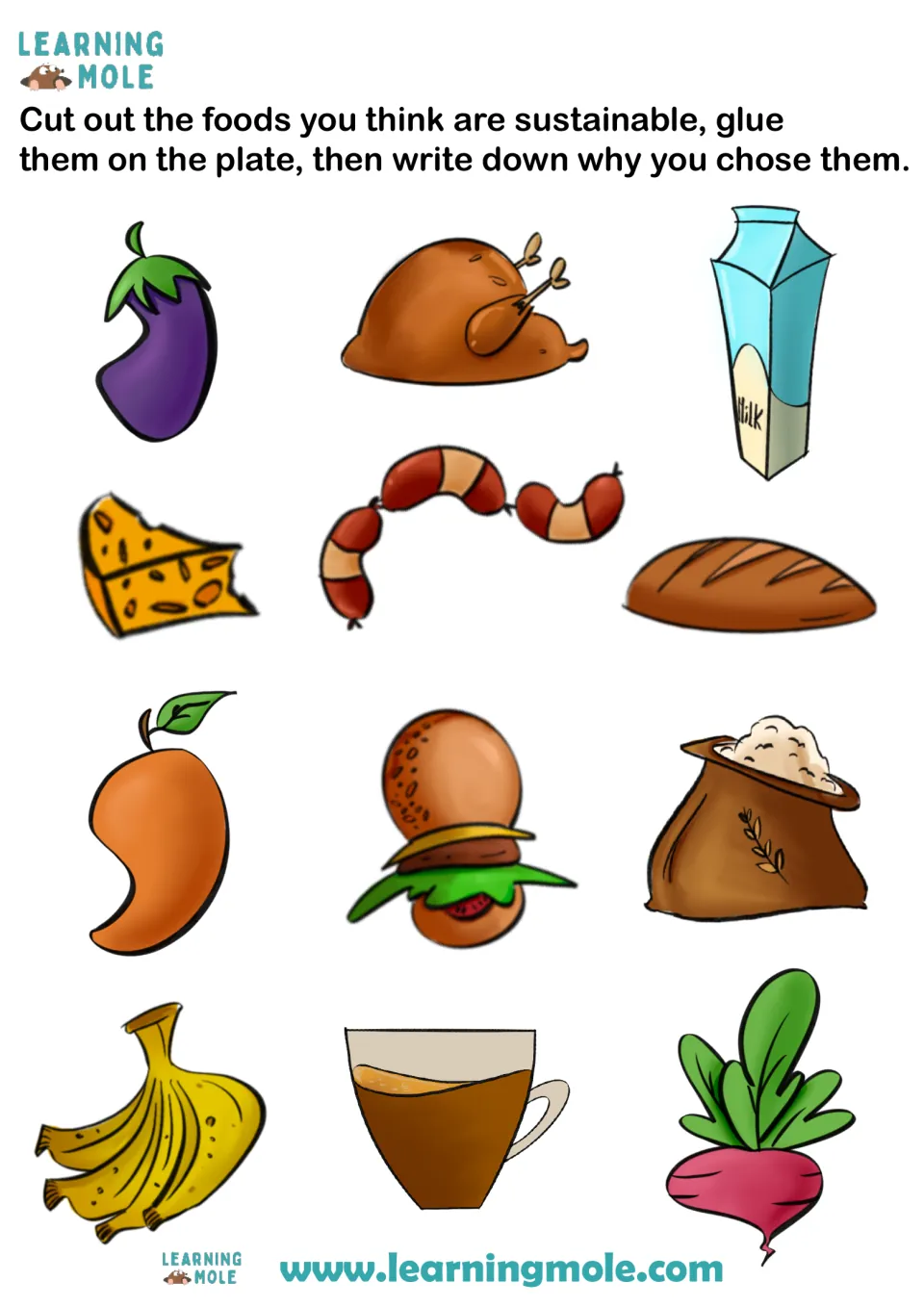 Judging which foods are sustainable: students cut out 12 foods, such as eggplant, turkey, milk, mango, burger and beetroot