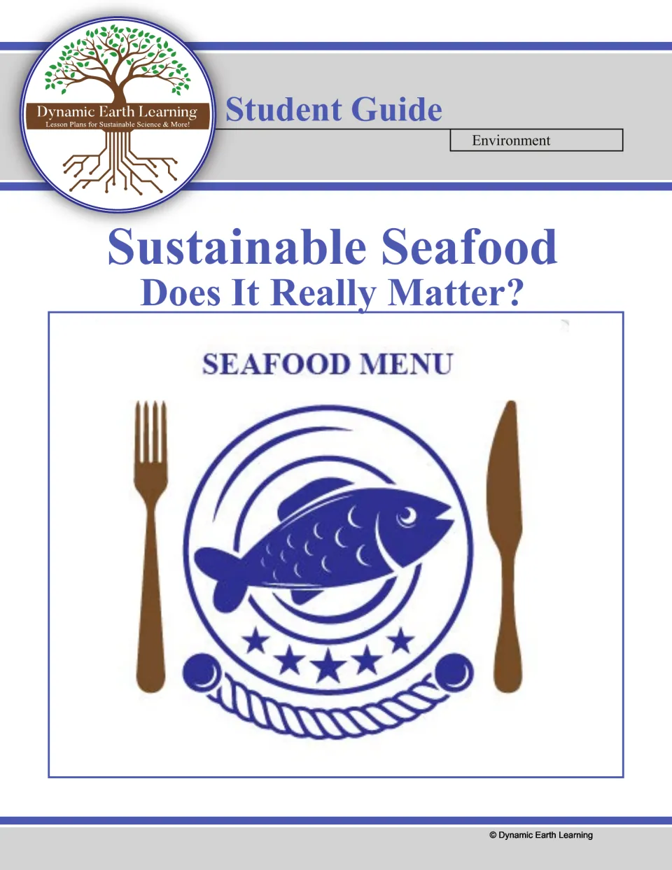 Sustainable Seafood student guide cover, Environment unit, with a fish on a plate between a fork and knife