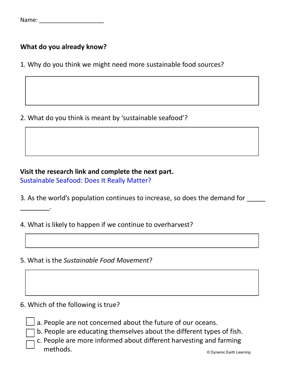 Questions 1–6 on what sustainable seafood means, overharvesting and the Sustainable Food Movement