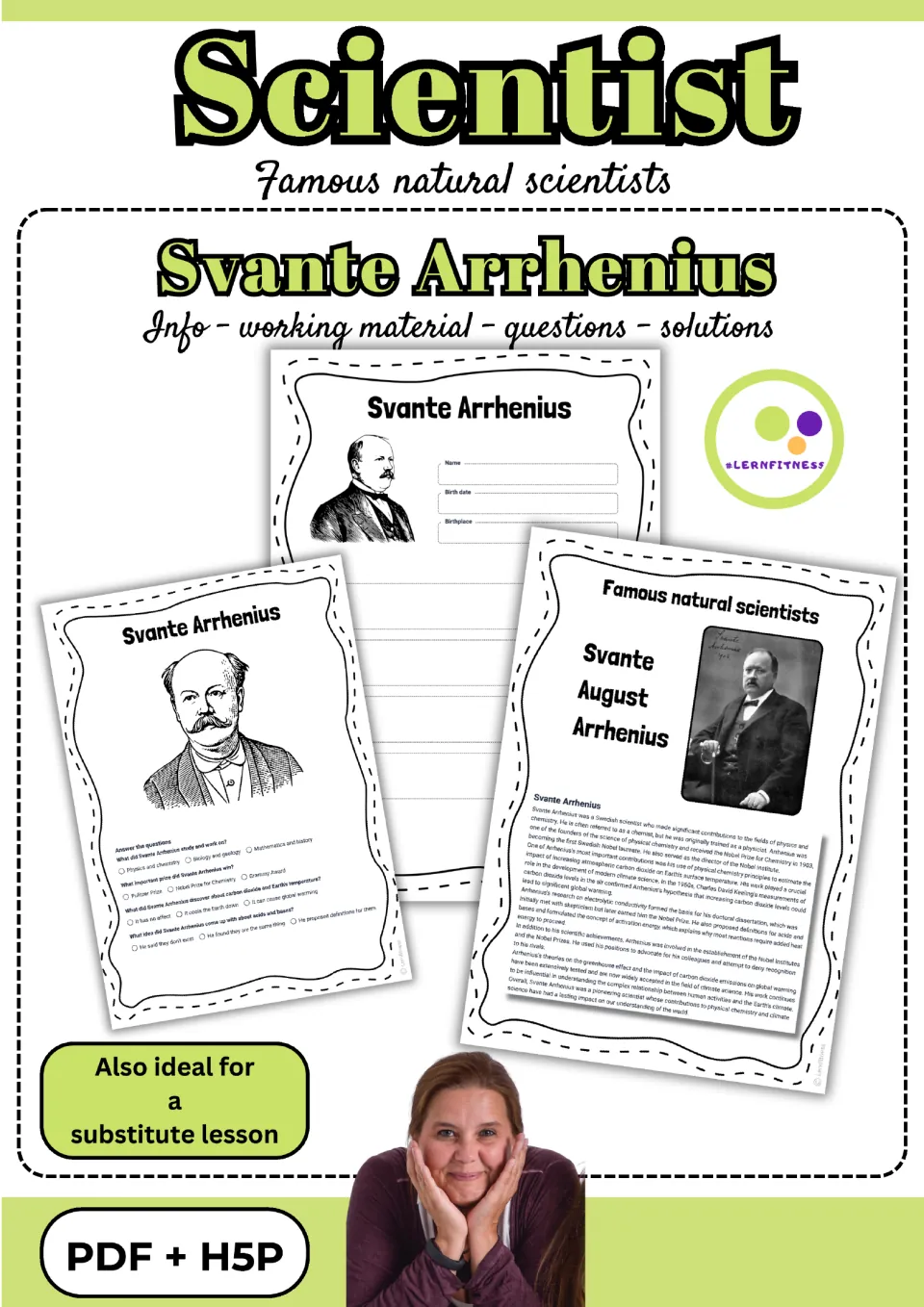 Cover of the Svante Arrhenius resource, advertising information, worksheets, questions, solutions, and PDF + H5P