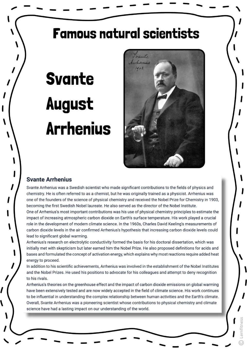 Biography reading on Svante Arrhenius, his chemistry research, Nobel Prize, and climate work, with a portrait photo
