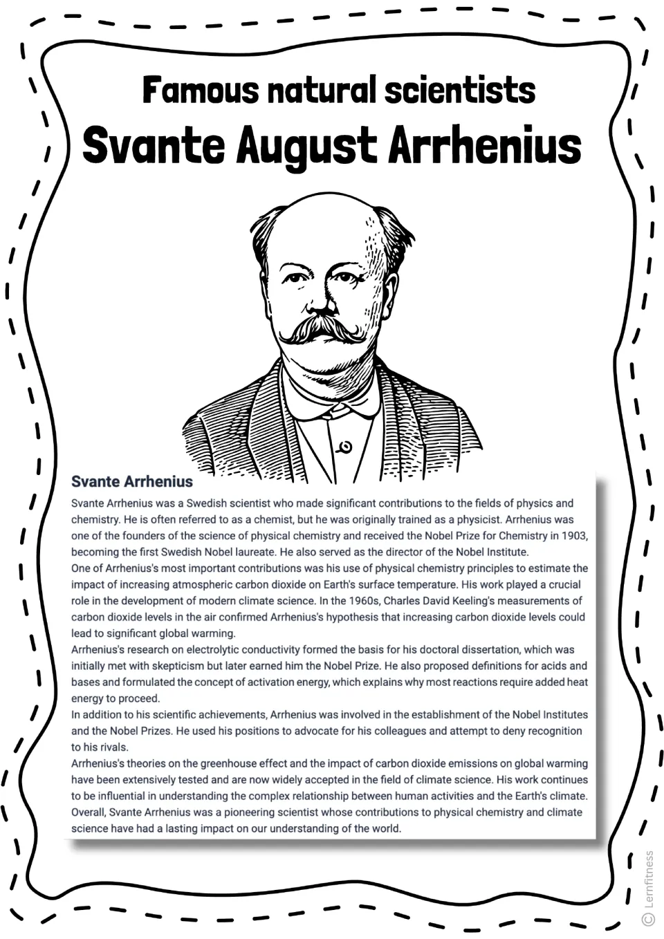 Biography reading on Svante Arrhenius, with an illustrated portrait and text on acids, bases, and global warming