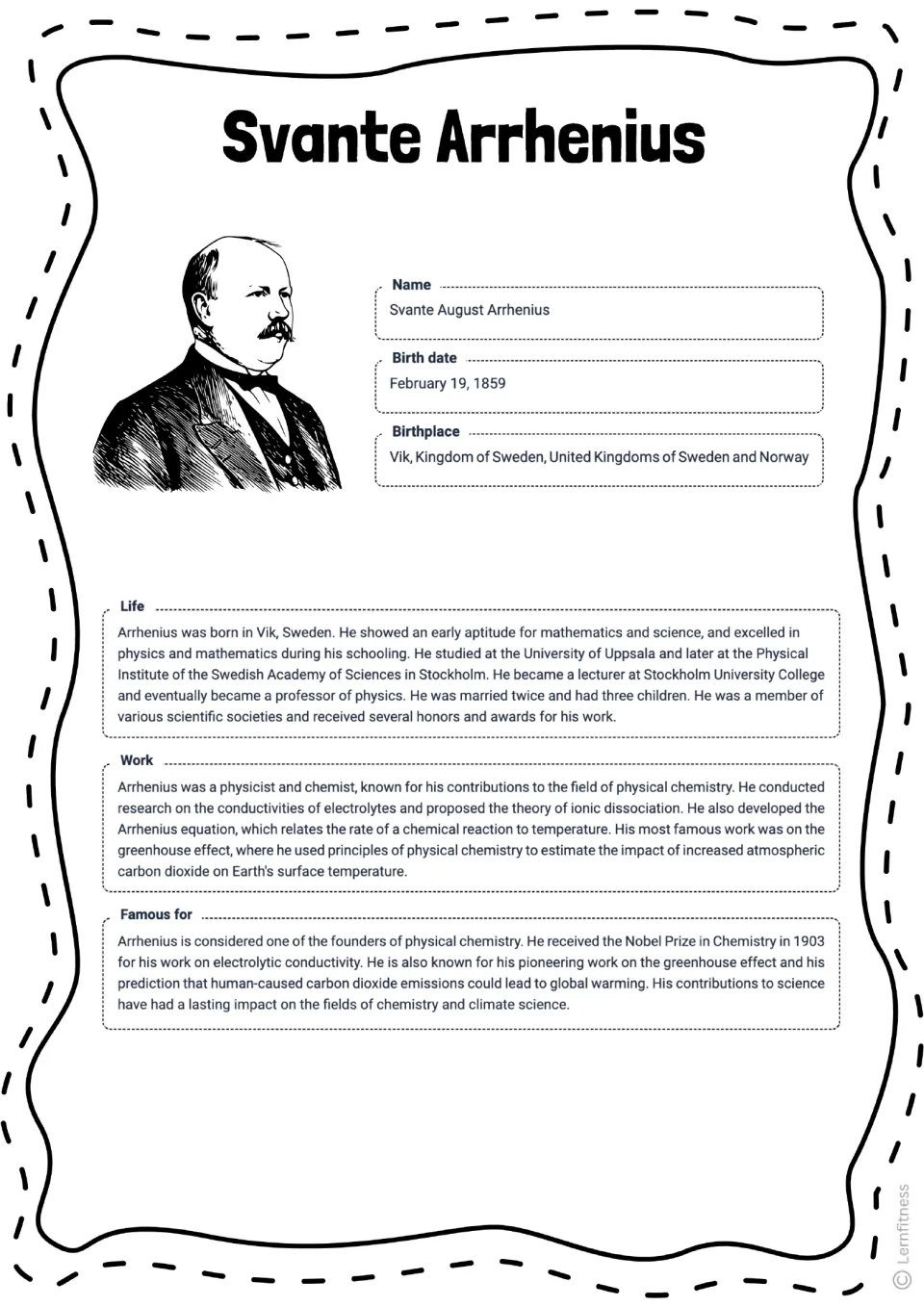 Completed Svante Arrhenius profile gives his birth date, birthplace, life, work, and reasons he is famous