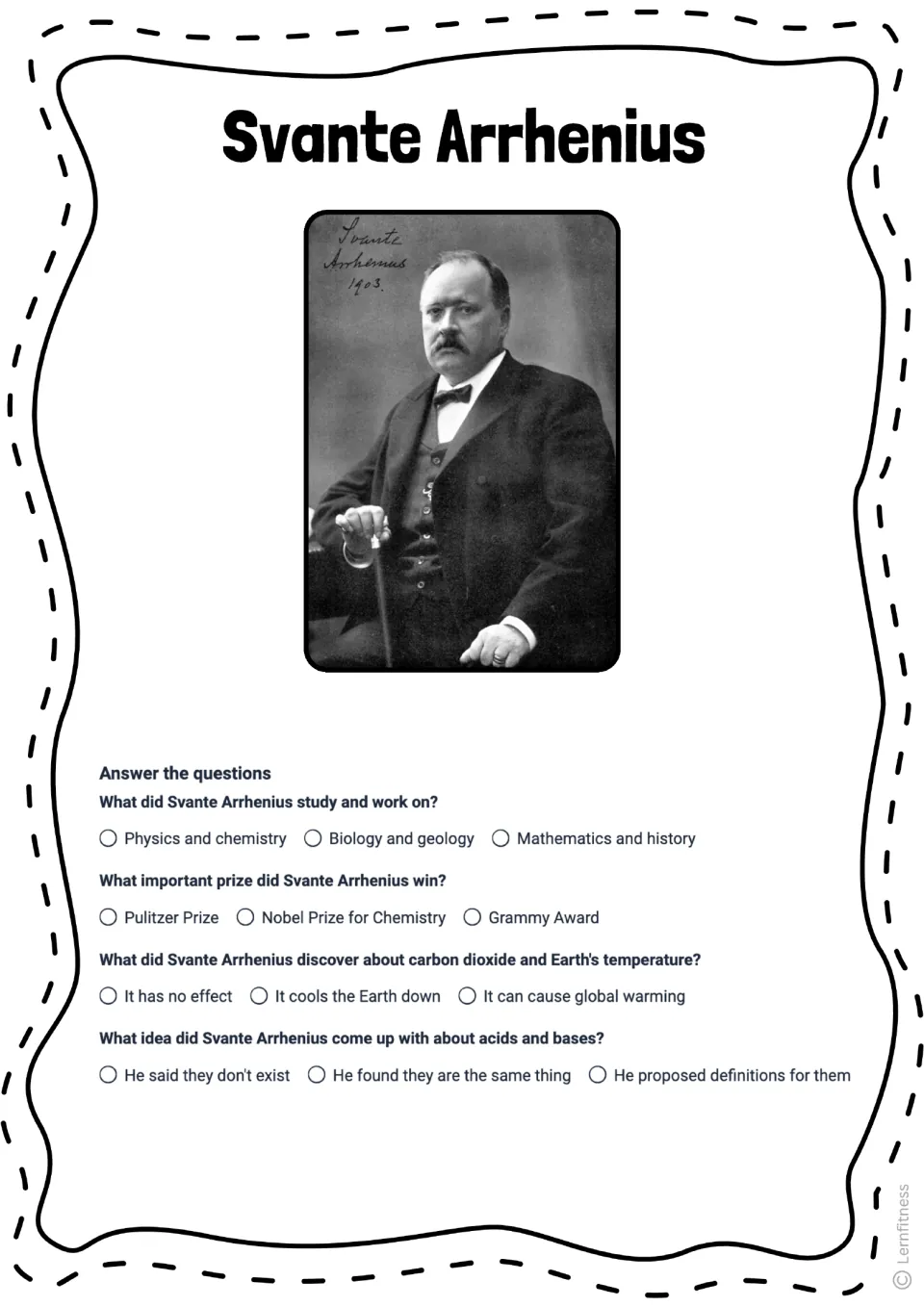 Svante Arrhenius quiz with a photo and four questions on his fields, prize, carbon dioxide, and acids and bases