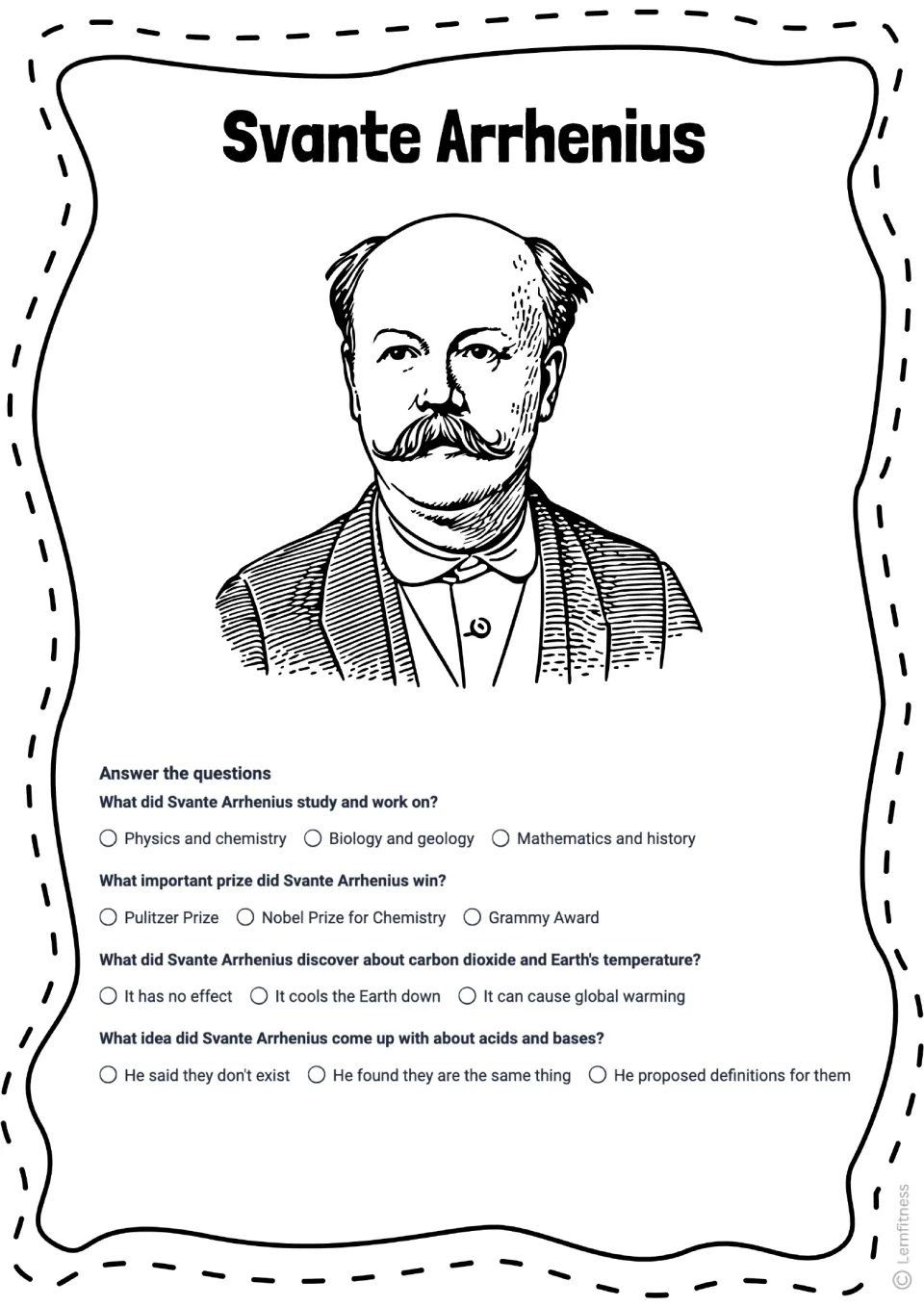 Illustrated Svante Arrhenius quiz asks four questions about his fields, prize, carbon dioxide, and acids and bases