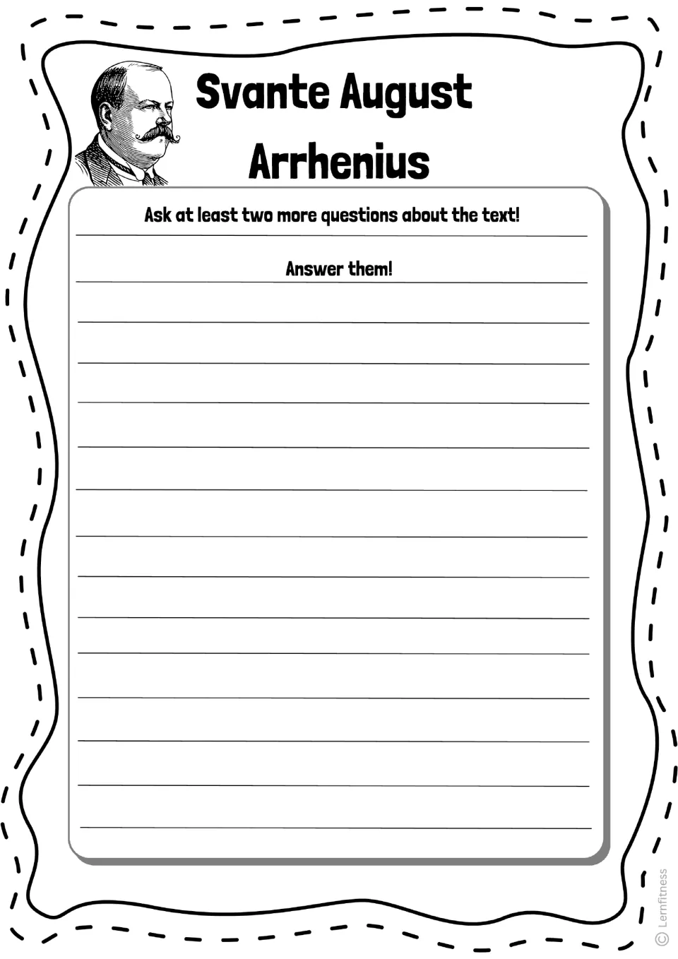 Svante Arrhenius extension task asks students to write at least two more questions about the text and answer them