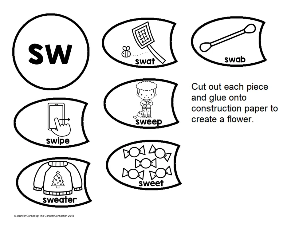 SW blend flower set two: cut out sw center and labeled petals for swat, swab, sweep, swipe, sweet and sweater to glue
