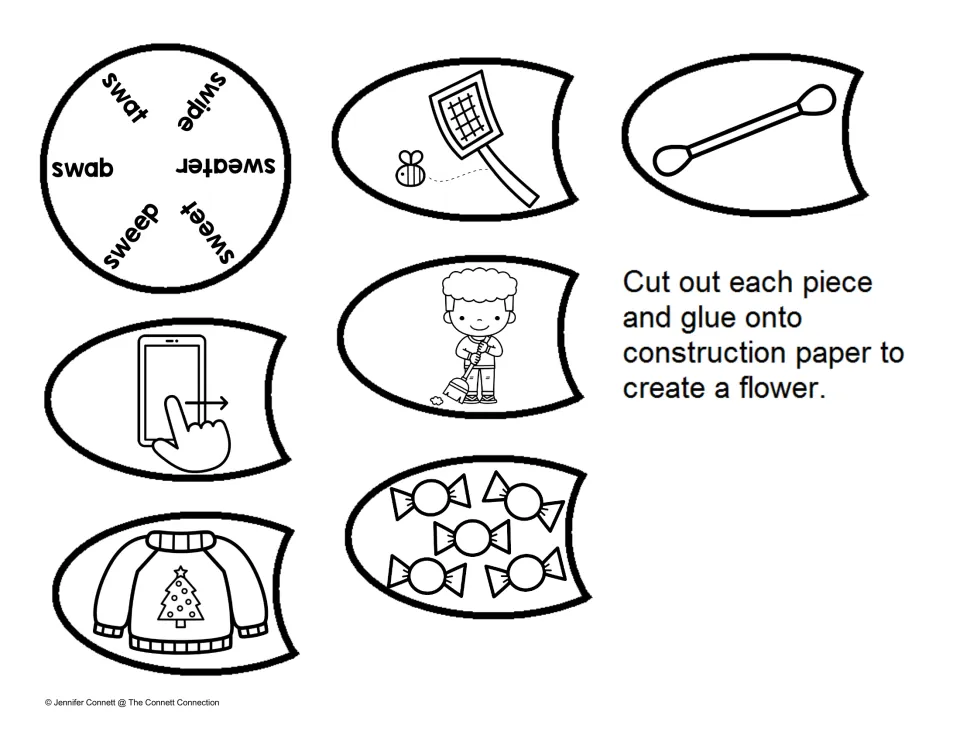 SW words match, set two: center lists swat, swab, sweep, swipe, sweet, sweater; students cut and glue picture-only petals
