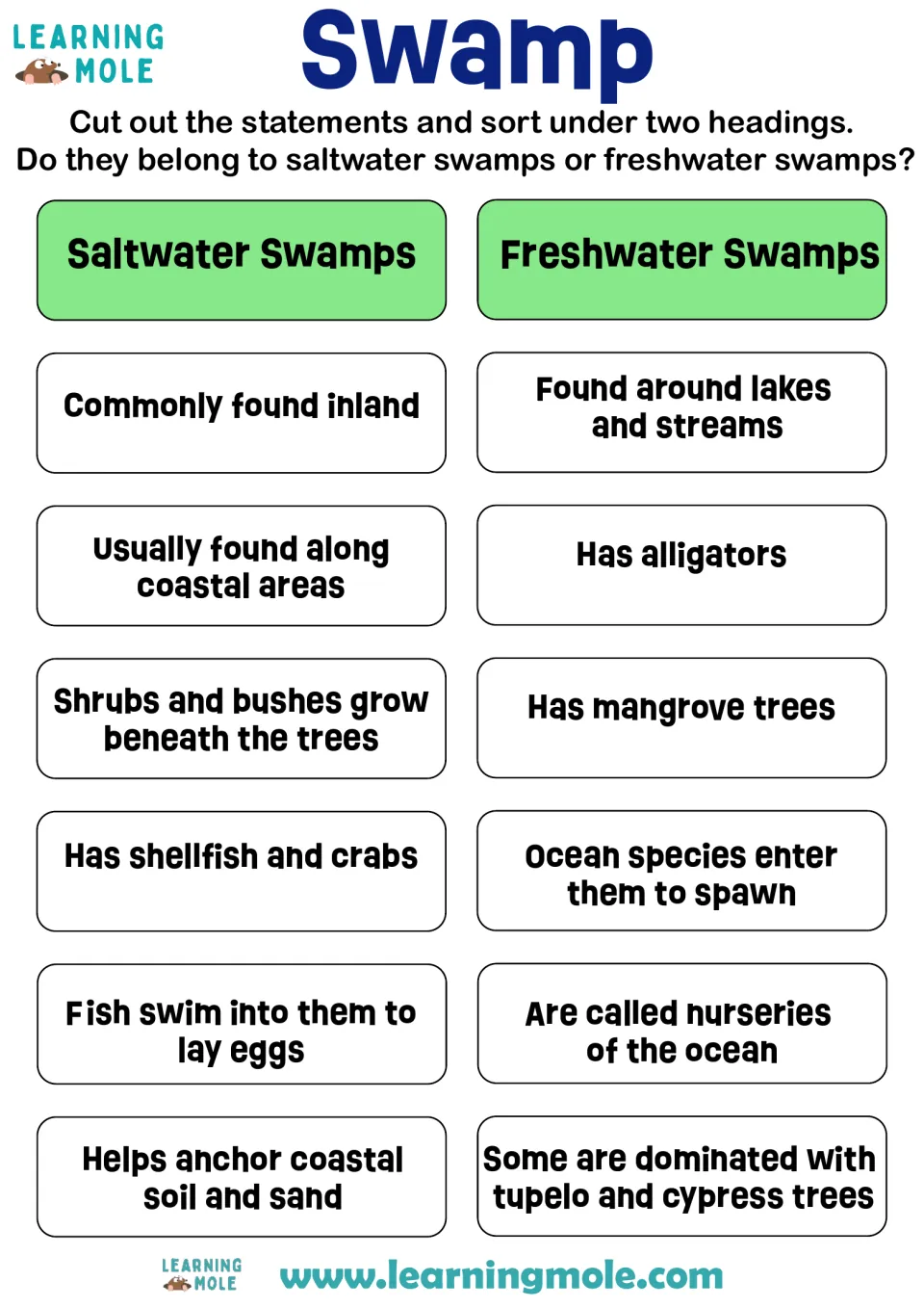 Swamp types sort: students cut out 12 statements and sort each under saltwater swamps or freshwater swamps