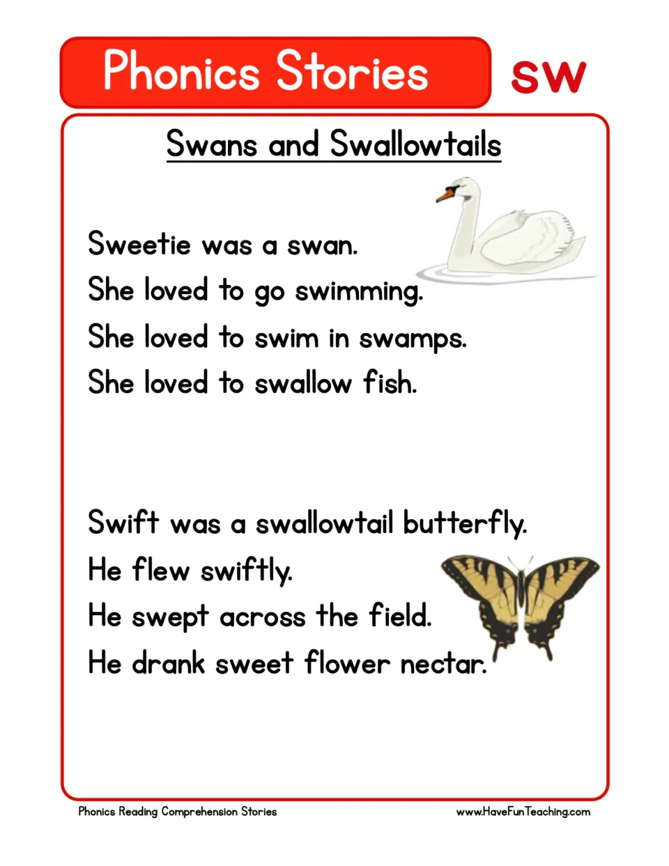 SW phonics story about Sweetie the swan swimming in swamps and Swift the swallowtail drinking sweet nectar.