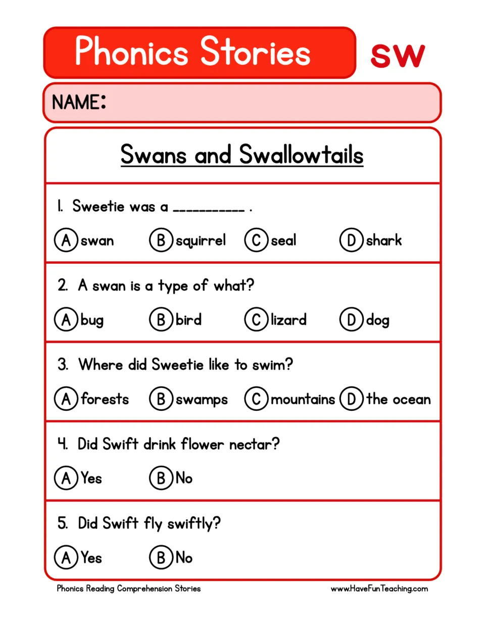 Comprehension questions 1–5 about Sweetie the swan, where she swims, and Swift's nectar and flight.
