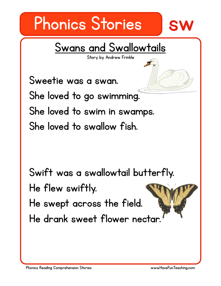 Swans and Swallowtails SW Phonics Stories Reading Comprehension