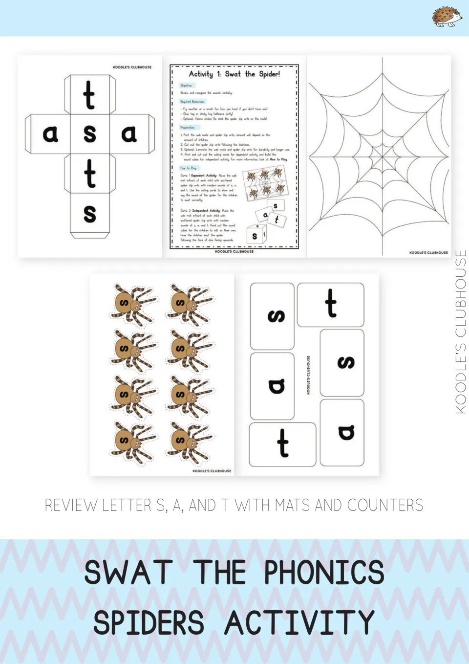Cover for Swat the Phonics Spiders Activity, showing the web mat, letter spiders, die, and calling cards