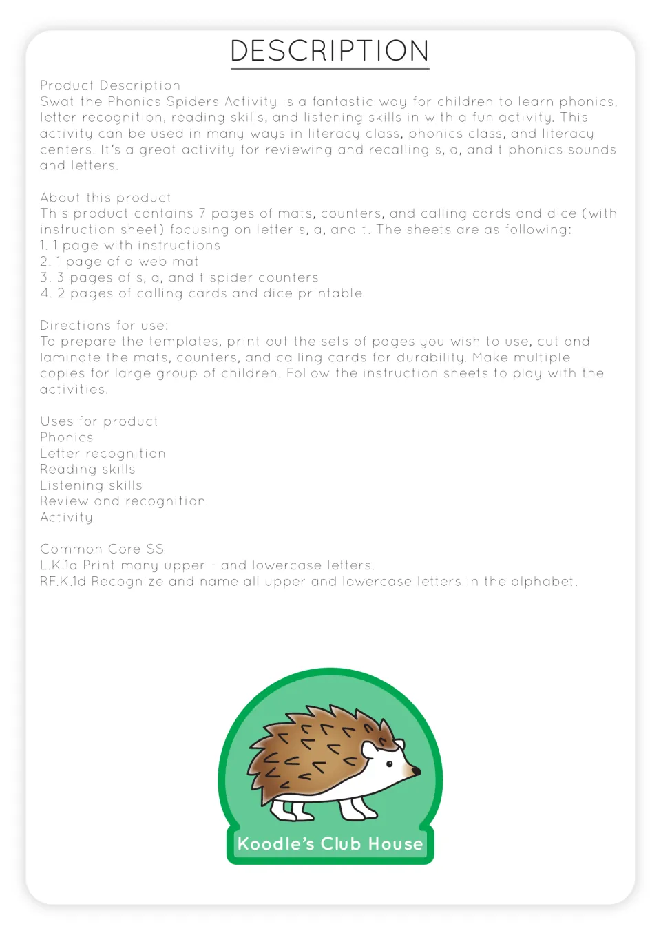 Product description for the s, a, and t phonics game lists seven activity pages, preparation, and uses