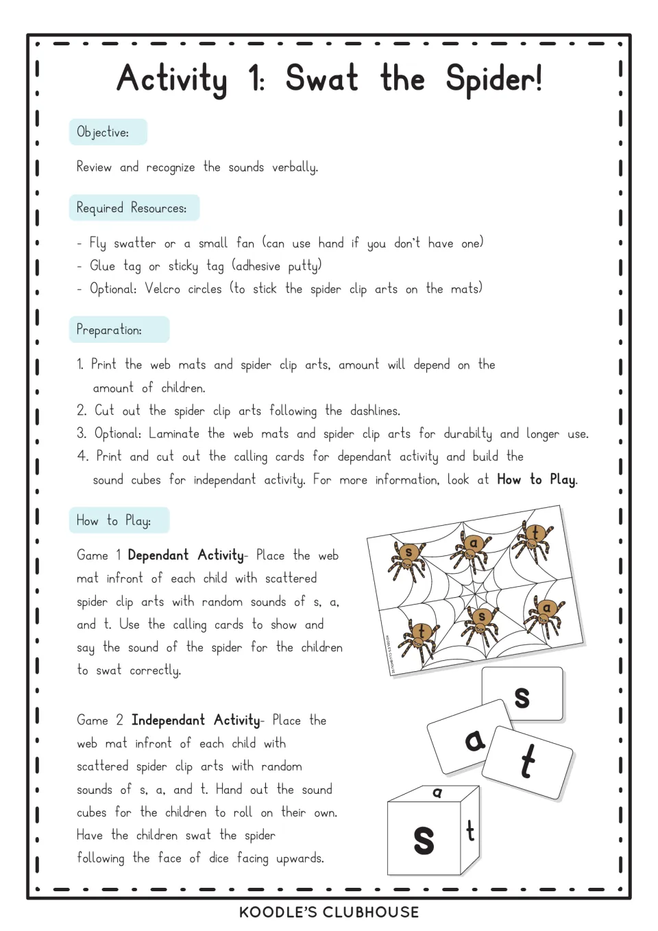 Game instructions explain how to prepare spider counters and play using calling cards or a letter die