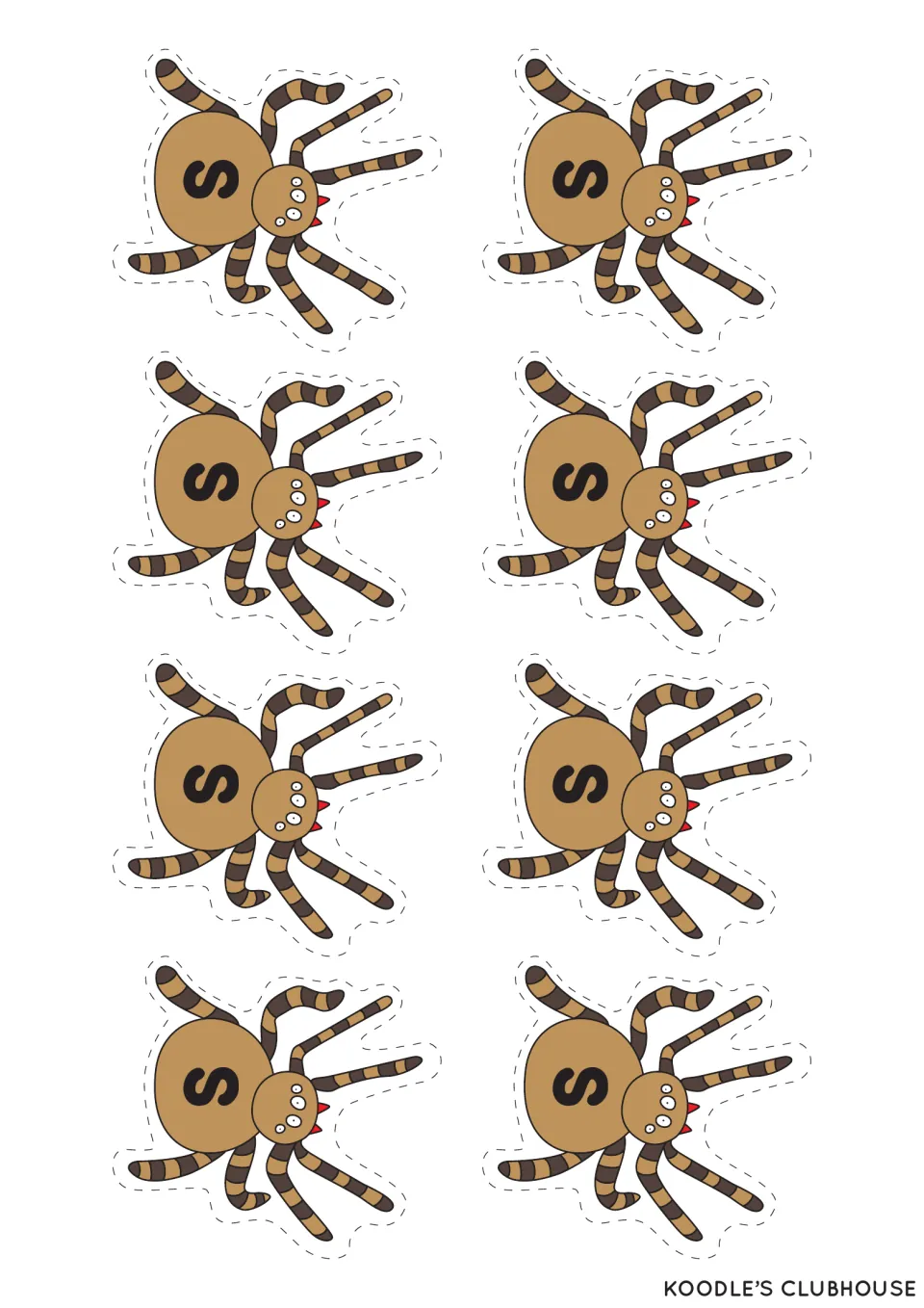 Eight cutout spider counters labeled lowercase s, the first of three letter counter sheets for the game
