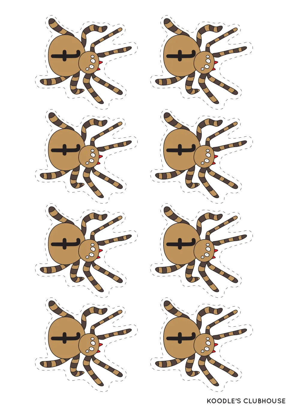 Eight cutout spider counters labeled lowercase t, the third of three letter counter sheets for the game