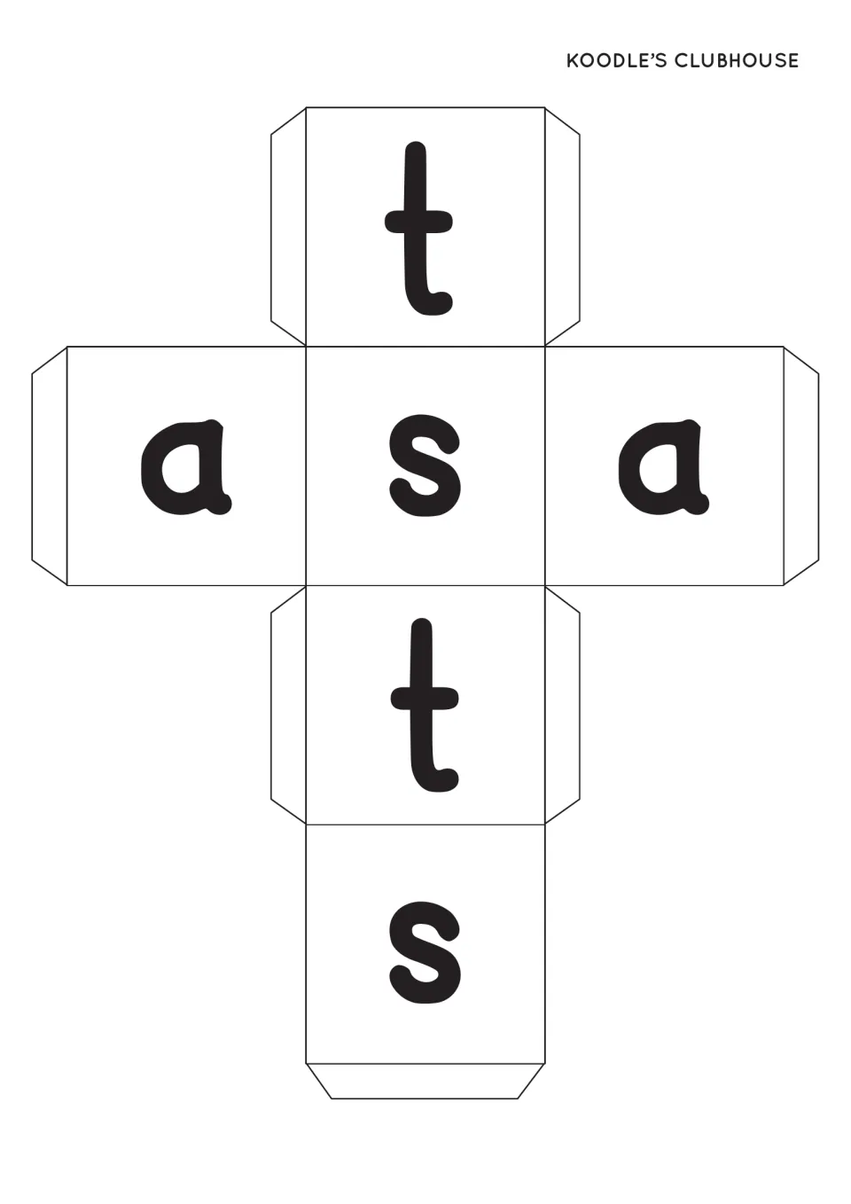 Letter die template with two faces each of lowercase s, a, and t for rolling and swatting matching spiders