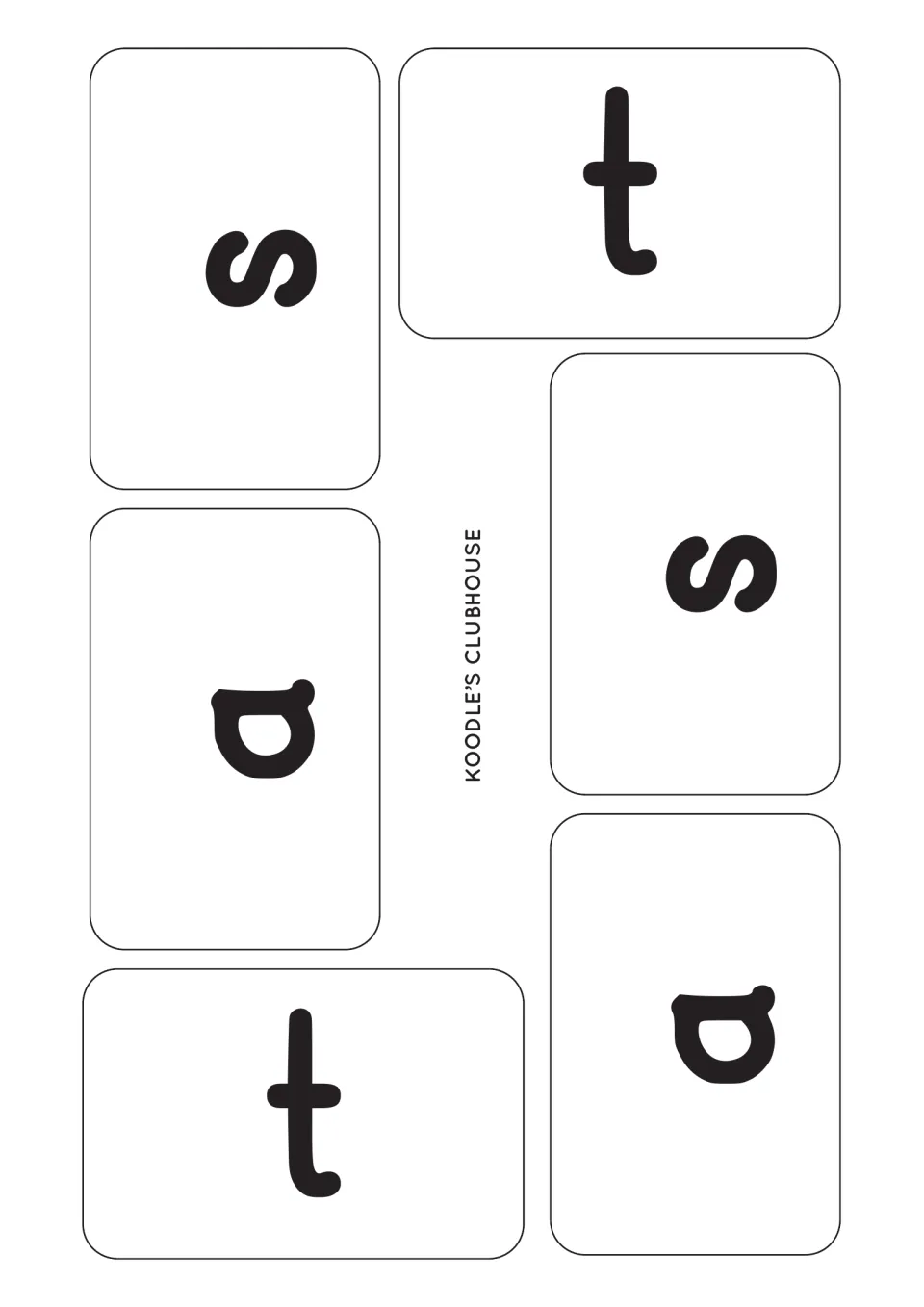 Six calling cards, two each of lowercase s, a, and t, for showing and saying sounds in the spider game