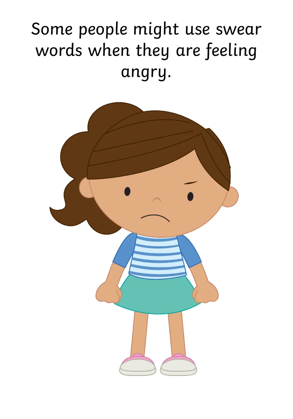 Anger as a trigger: a frowning girl with clenched fists shows some people might use swear words when feeling angry