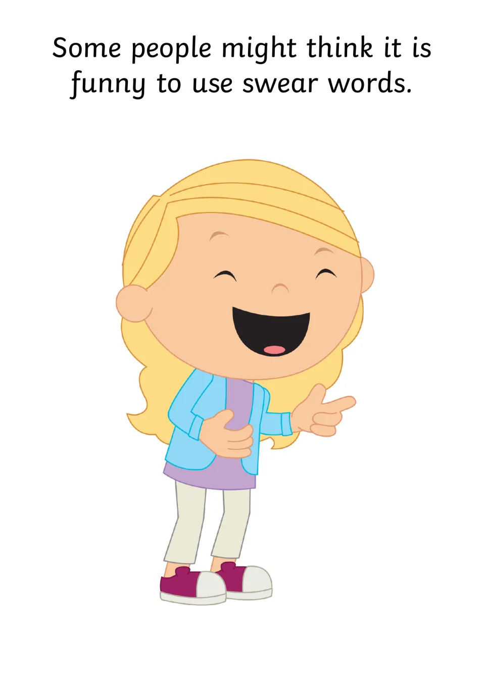 Swearing as a joke: a laughing girl holding her stomach and pointing shows some people think swear words are funny
