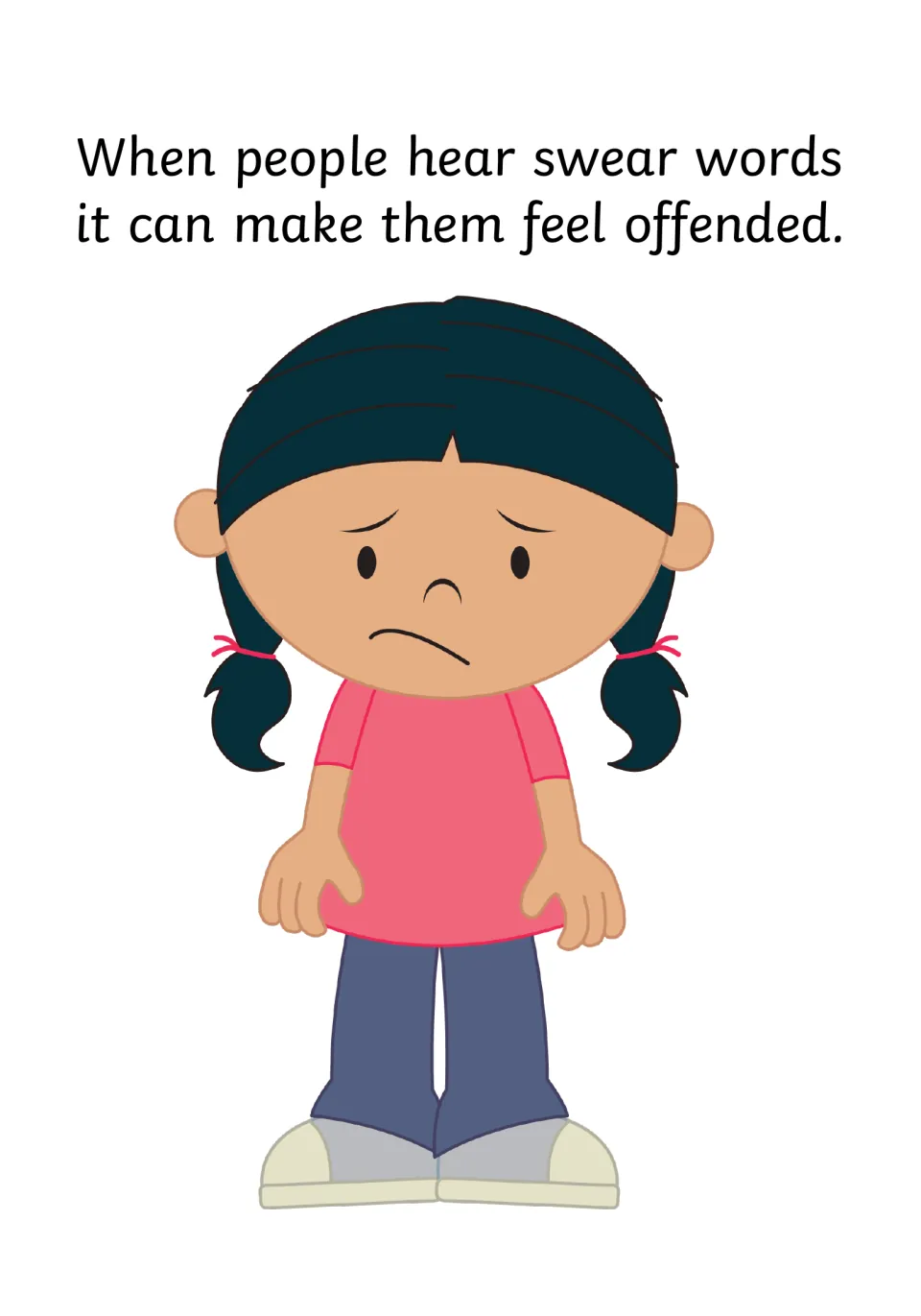Hurt feelings: a sad girl with pigtails shows that hearing swear words can make people feel offended