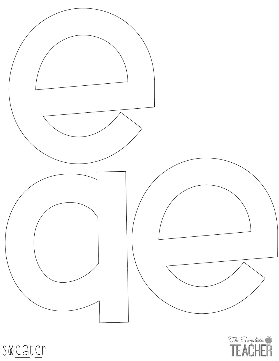 Outline letters e, a and e that complete the word "sweater" in the fall display title, shown as large shapes to cut out