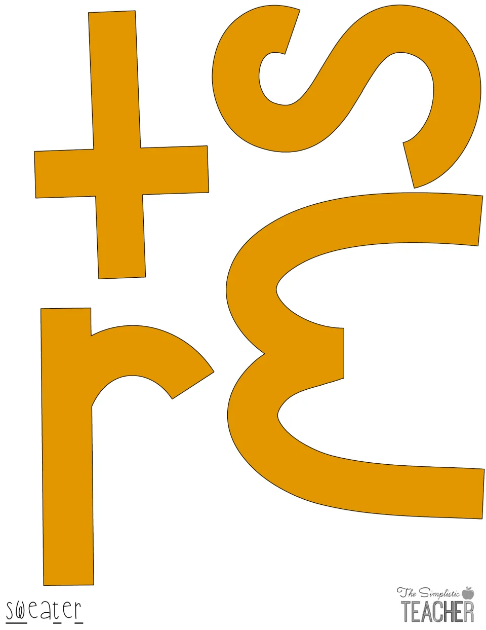 Mustard-gold letters s, w, t and r for spelling "sweater", with the w turned sideways; cut out each shape