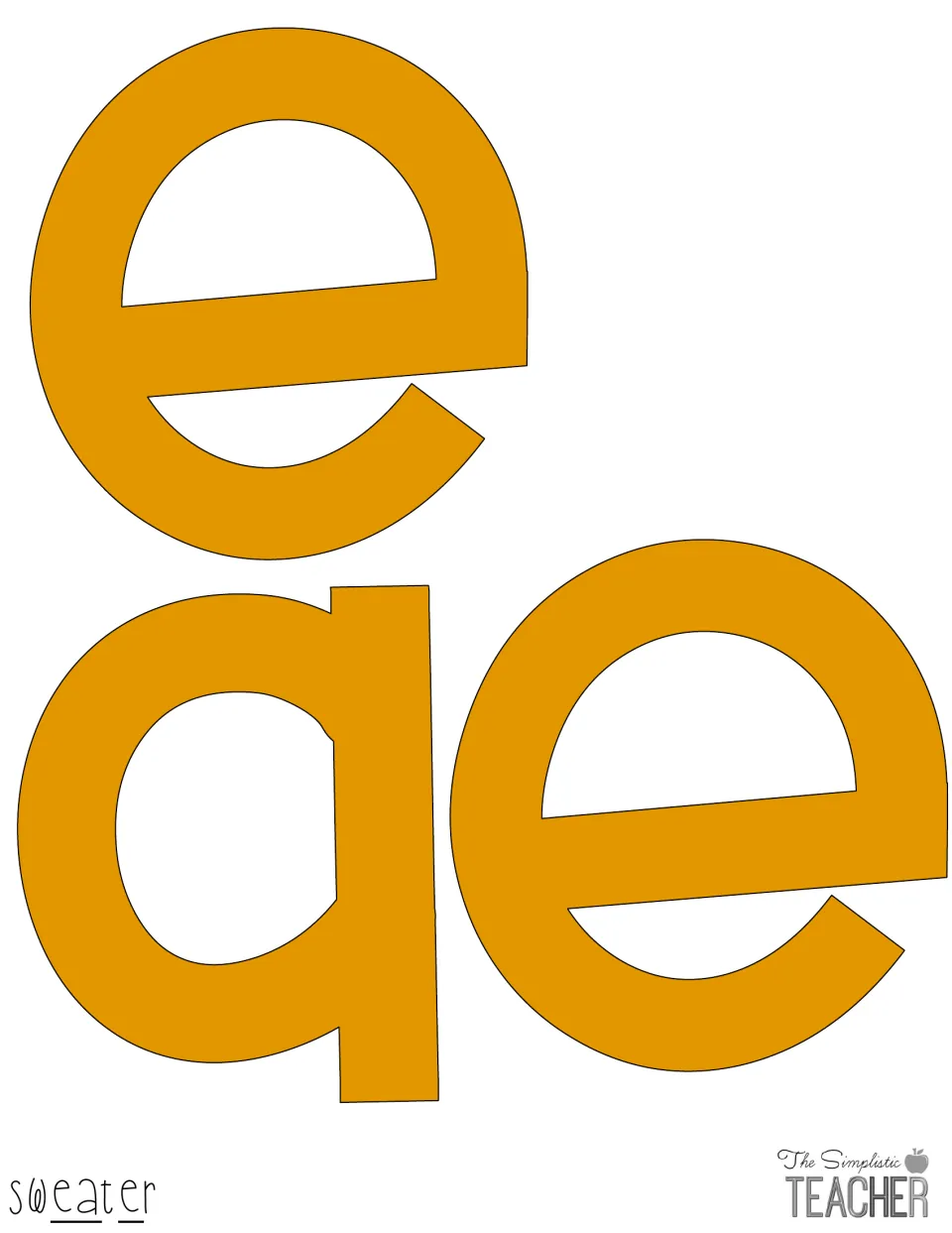 Mustard-gold vowels e, a and e that finish spelling "sweater" for the autumn bulletin board or classroom door headline