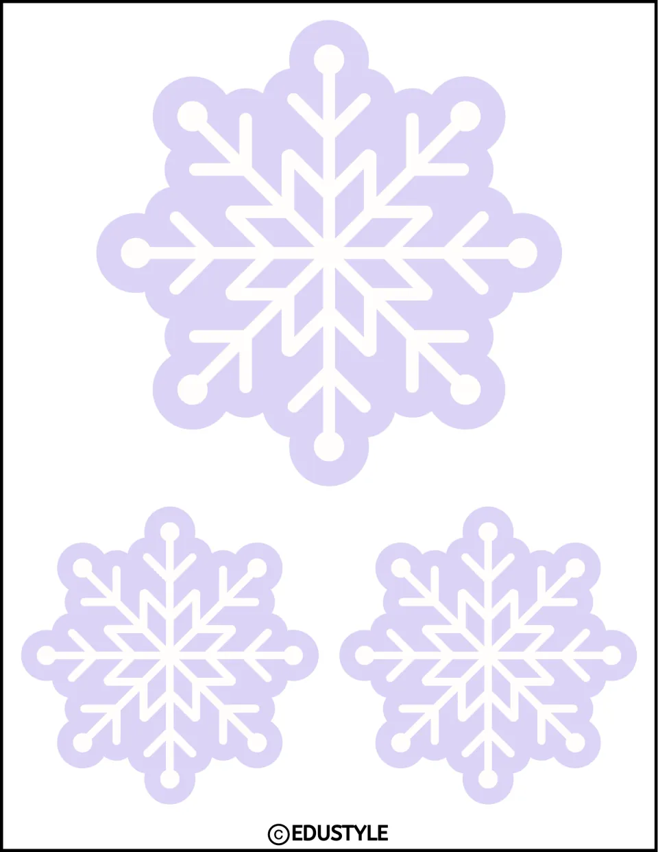 Winter bulletin board snowflake cutouts in pastel lavender, with one larger and two smaller snowflakes
