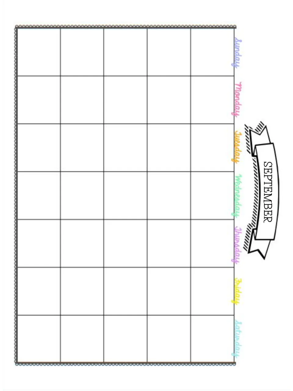 September calendar page for the teacher to write in dates, lessons and events, with day names Sunday through Saturday