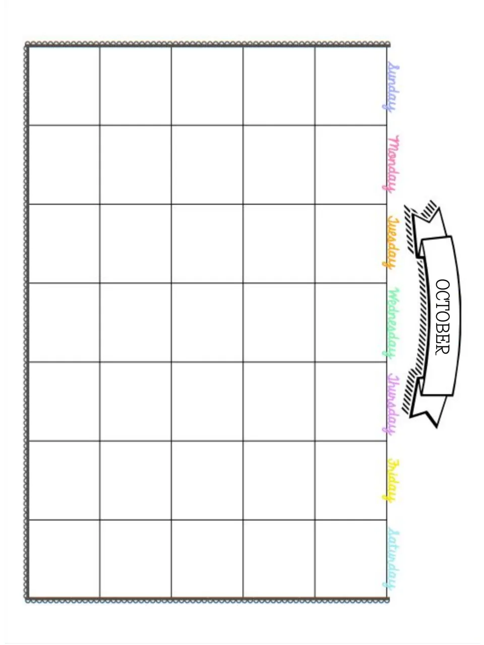 October monthly planner: blank undated calendar headed by a ribbon banner; teacher adds dates and plans for each day