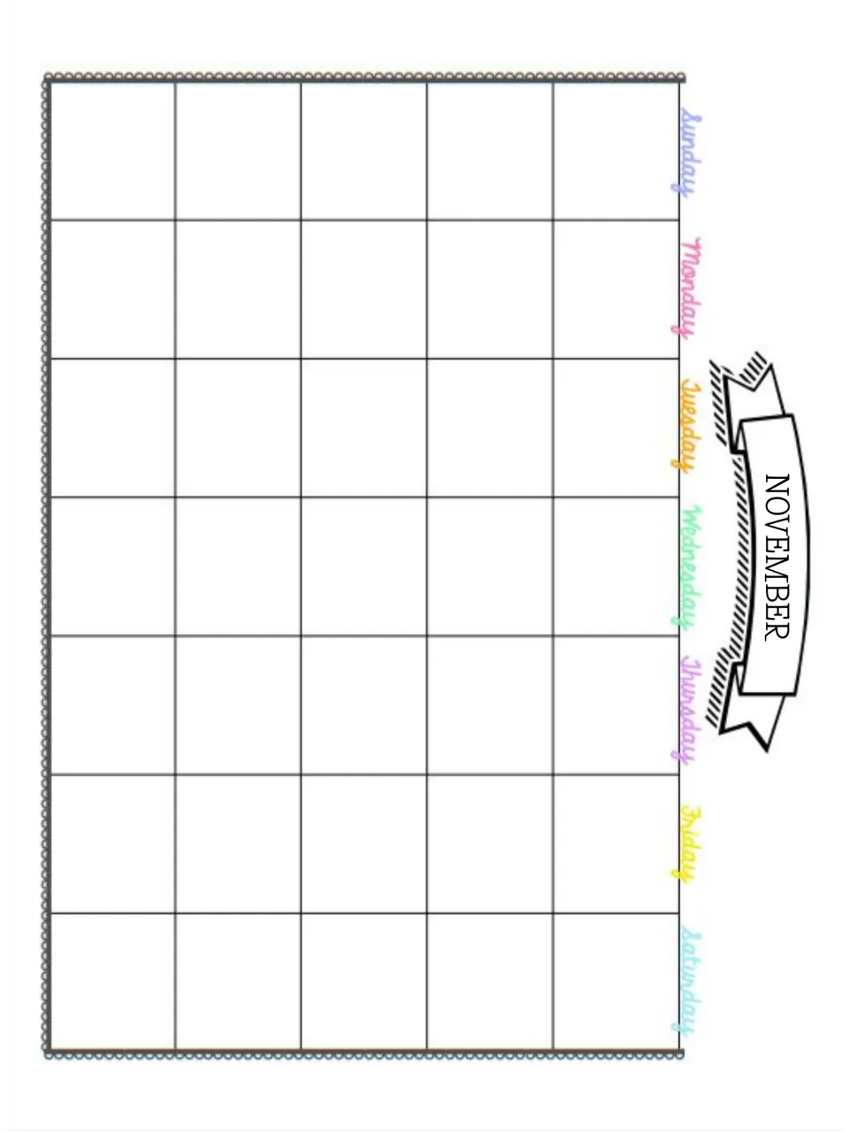November calendar to fill in: month name on a ribbon banner and colorful handwritten-style weekday names, Sunday first