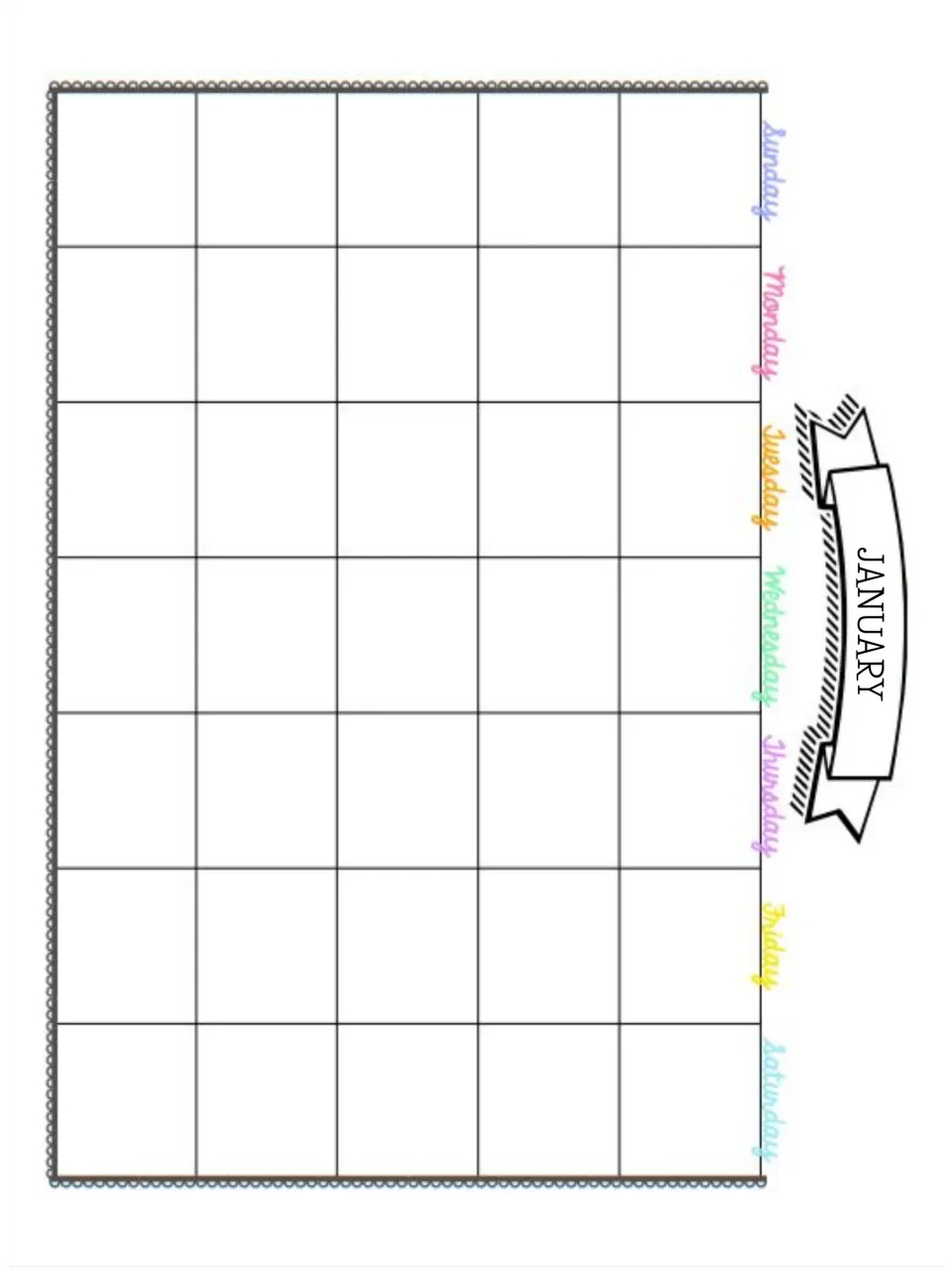 January monthly calendar: undated blank page for planning the new year, labeled Sunday to Saturday in pastel script