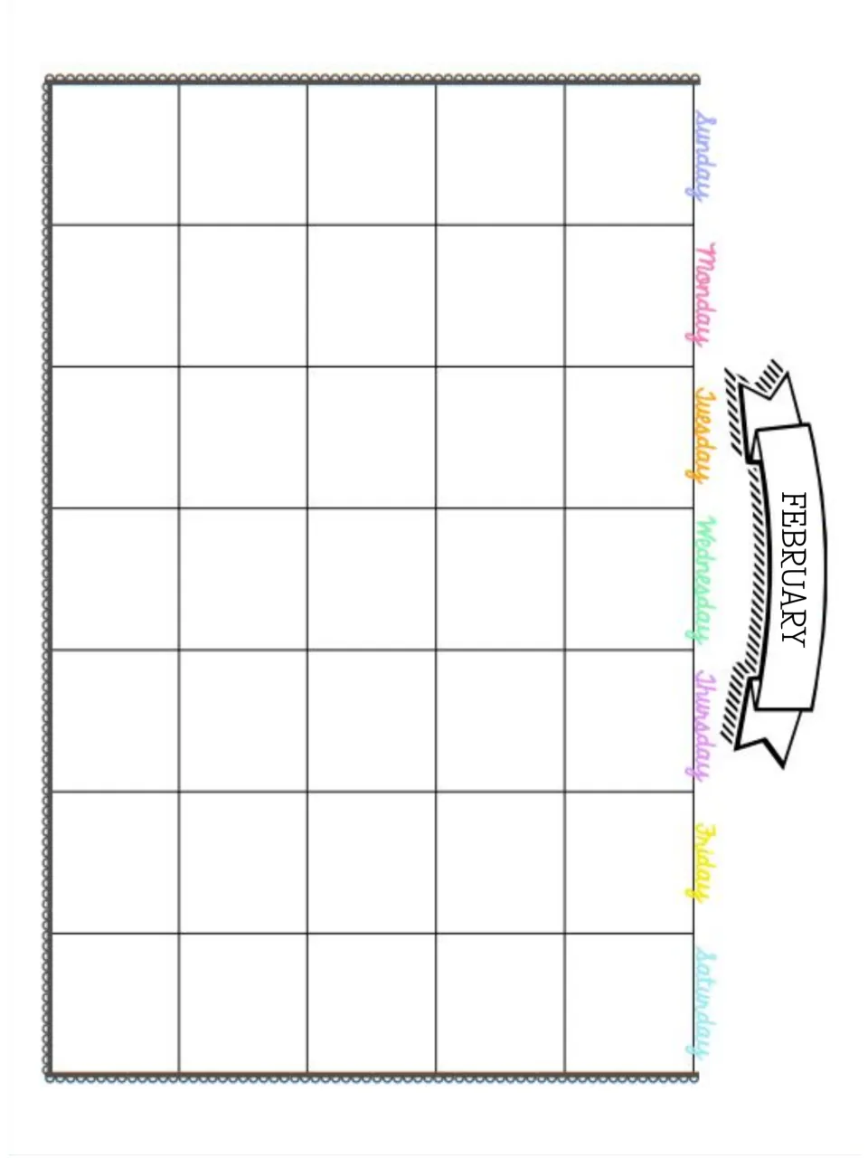 February calendar page: the month on a ribbon banner and empty undated day spaces for recording meetings and lessons