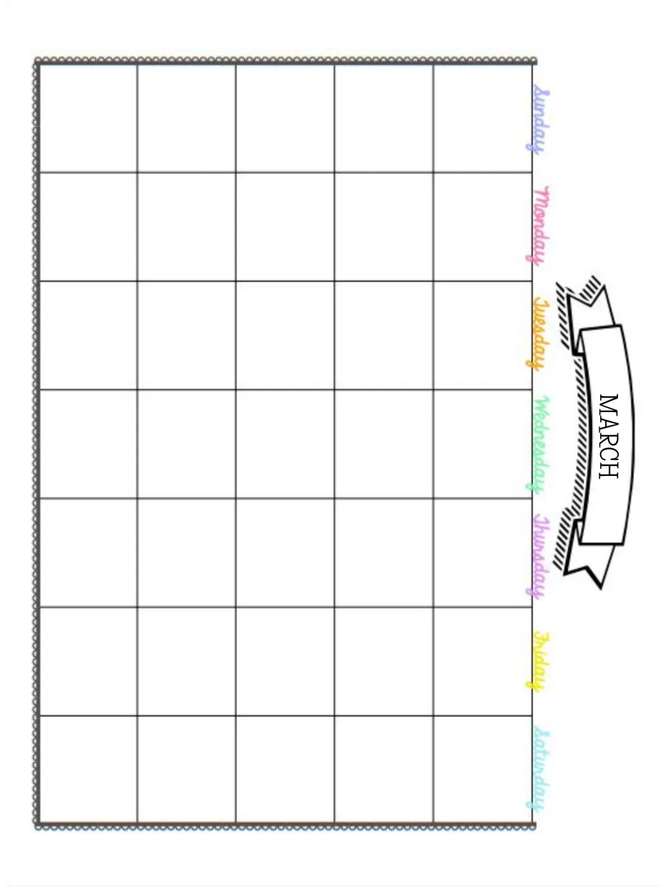 March planner calendar: undated month for noting reminders and due dates, with rainbow-colored weekday names