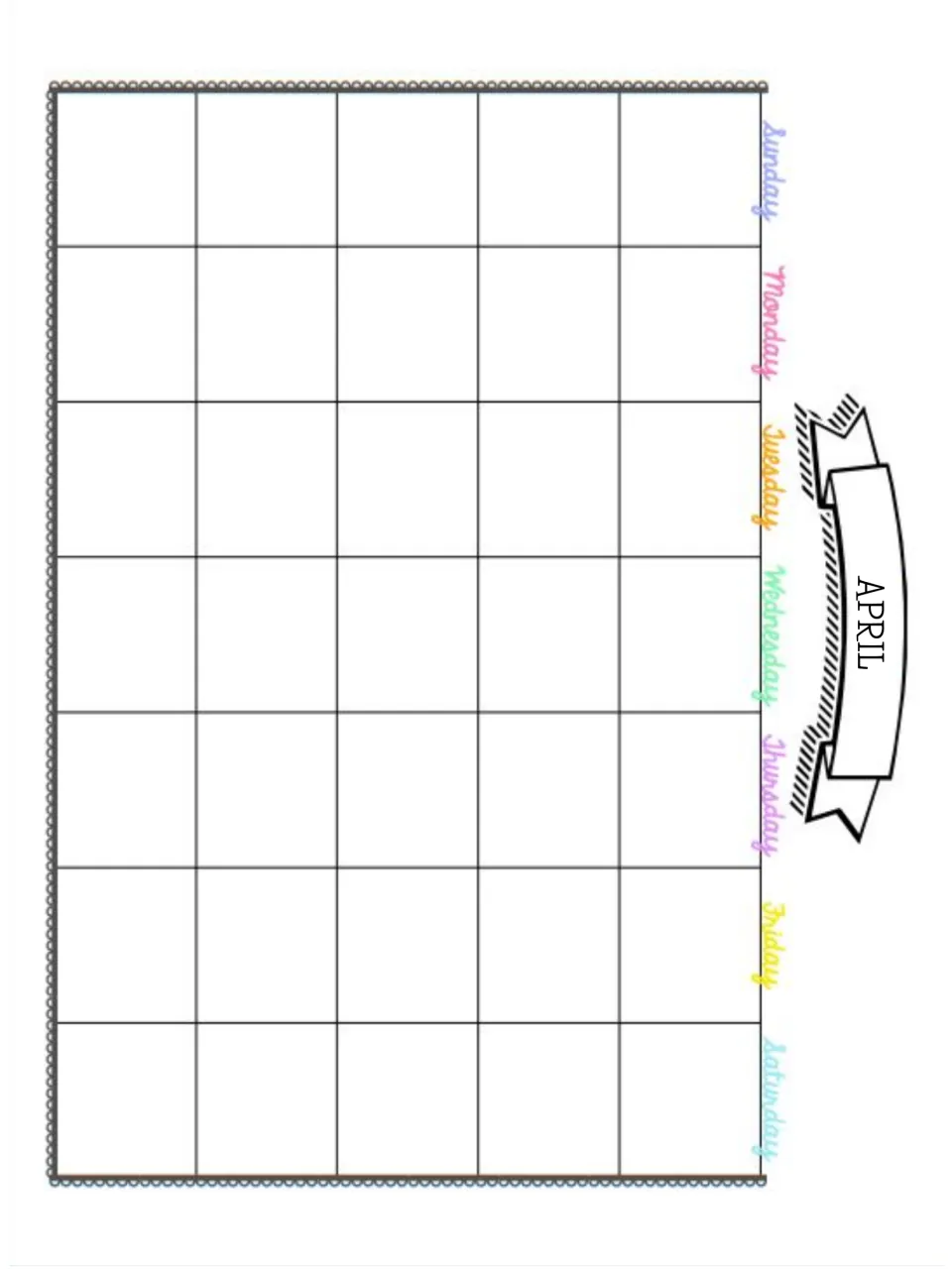 April calendar for teacher planning: month title in a black-and-white ribbon, weekdays Sunday to Saturday, dates left blank