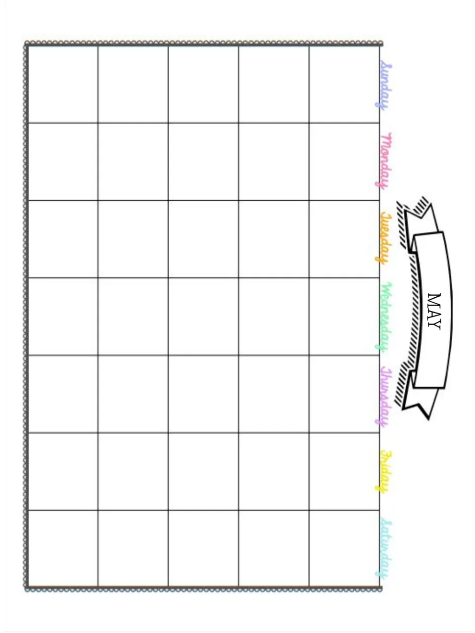May monthly calendar: undated page for end-of-year planning, with pastel Sunday to Saturday labels and a ribbon title