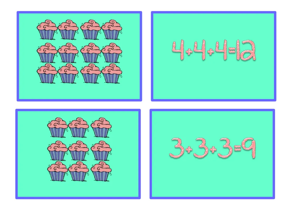 Cupcake array matching cards: a 3-by-4 array pairs with 4+4+4=12 and a 3-by-3 array pairs with 3+3+3=9