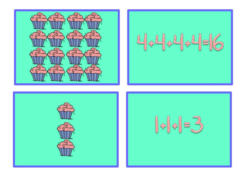 Cupcake array matching cards: a 4-by-4 array with 4+4+4+4=16 and a single column of 3 cupcakes with 1+1+1=3