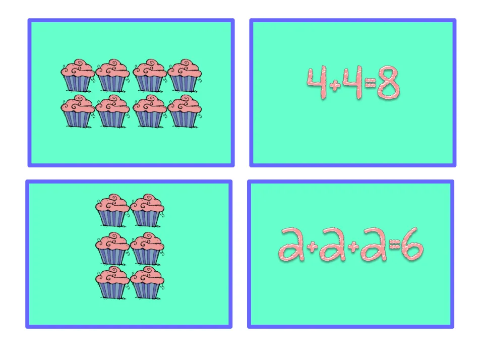 Cupcake array matching cards: two rows of 4 cupcakes match 4+4=8, and three rows of 2 cupcakes match 2+2+2=6