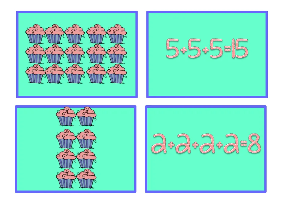 Cupcake array matching cards: three rows of 5 cupcakes match 5+5+5=15, and four rows of 2 match 2+2+2+2=8