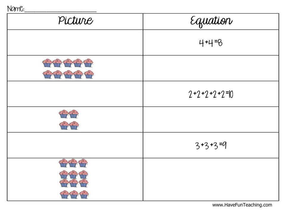 Picture and equation sheet: students draw cupcake arrays for given sums like 4+4=8 and write equations for drawn arrays