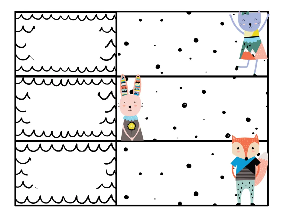 Blank schedule cards: three scalloped time labels beside dotted panels with a dancing cat, a bunny and a fox