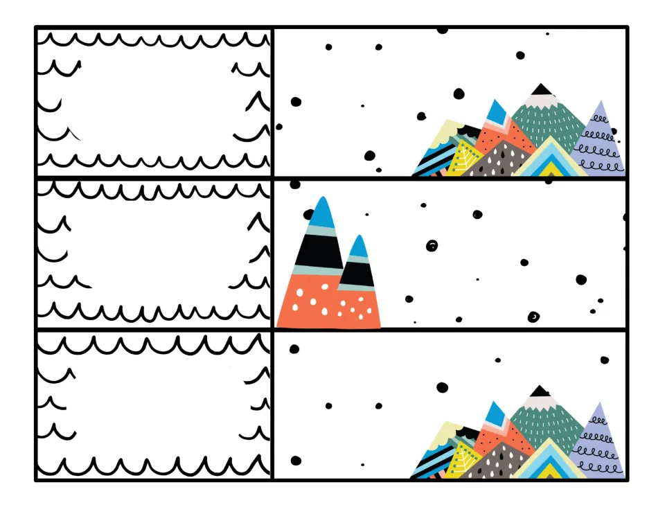 Schedule cards with mountain art: blank scalloped spaces for times next to dotted panels showing colorful peaks