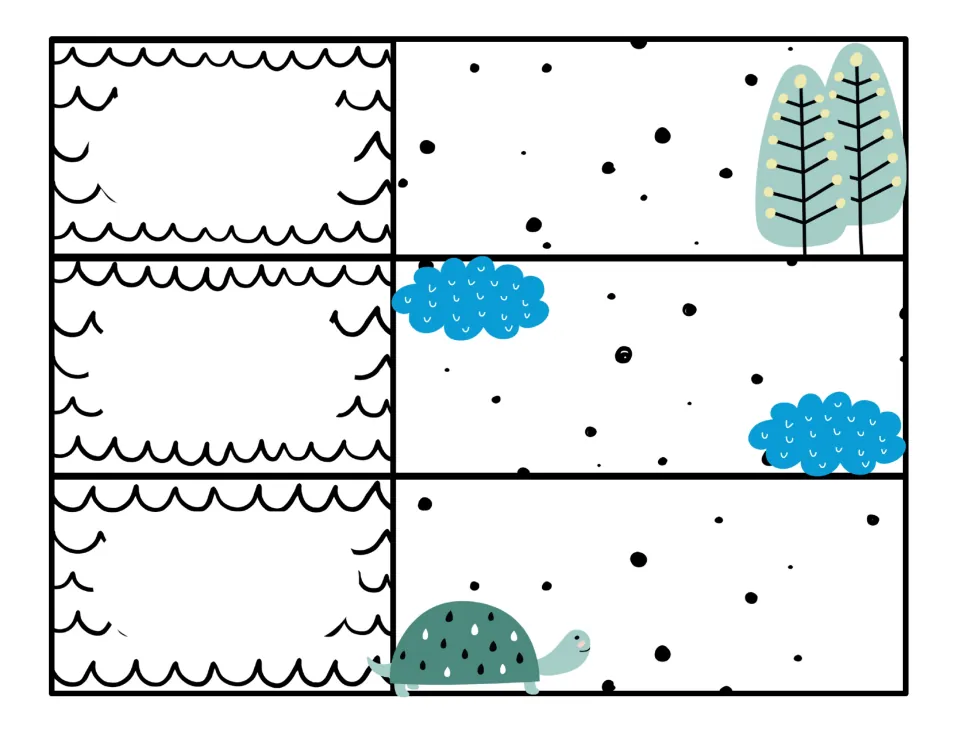 Nature-themed schedule cards: blank time spaces paired with dotted panels showing pine trees, blue clouds and a turtle