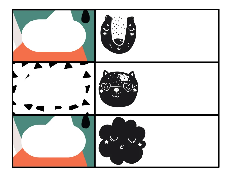 Black animal-face schedule cards: a badger, a cat in heart glasses and a sleepy cloud, each with a blank label space