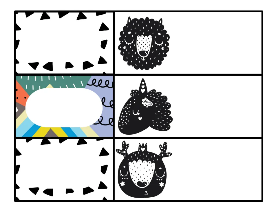 Schedule cards with a sheep, a unicorn and a reindeer drawn in black, each next to an empty spot for a time or subject