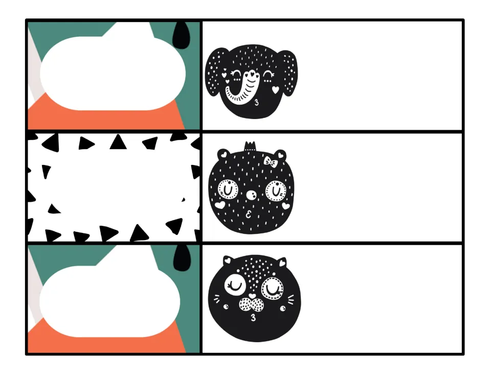 Animal-face schedule cards showing an elephant, an owl and a cat in black, beside blank spaces for typing class times